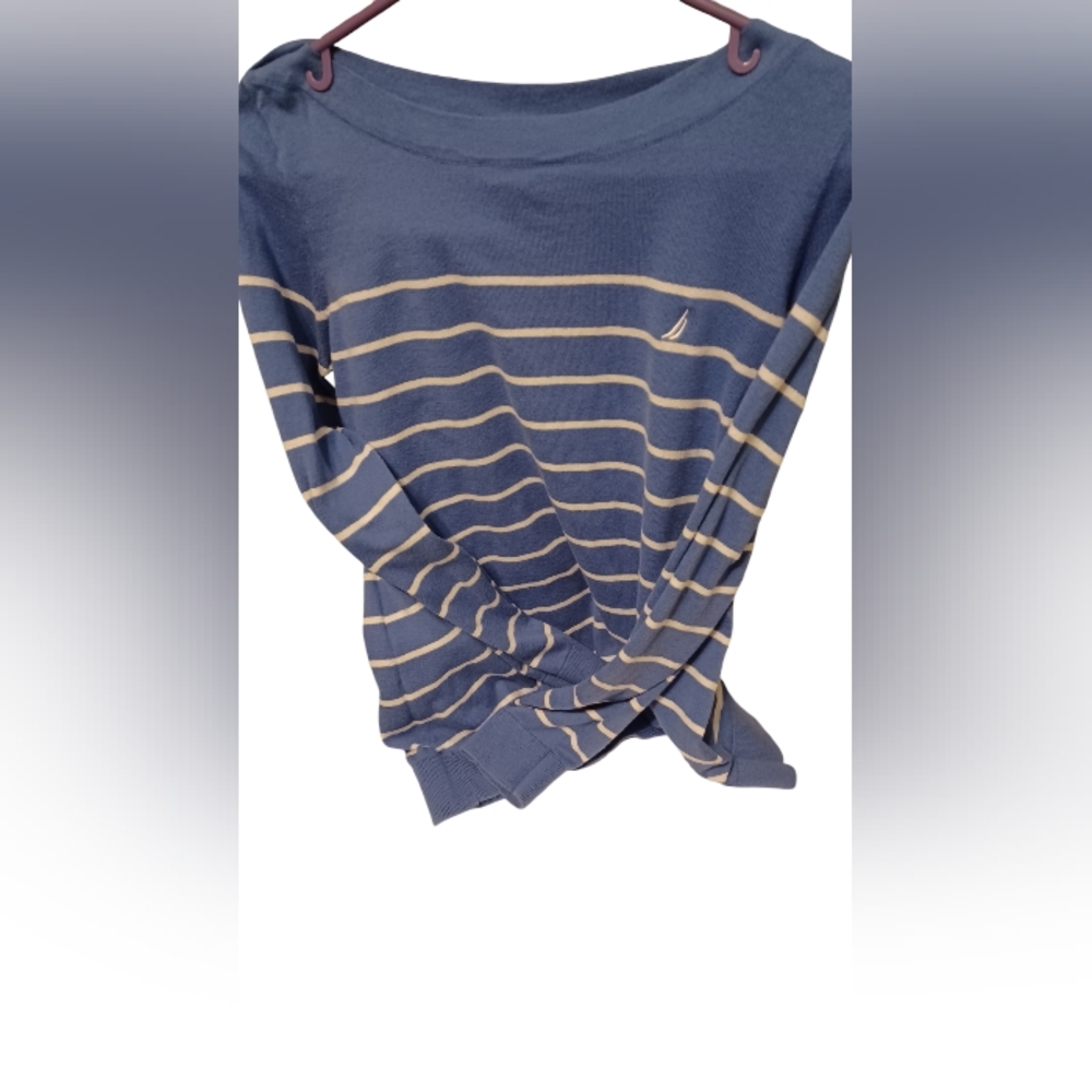 Nautica Large Blue And White Striped Long Sleeve Top. With Back Buttons